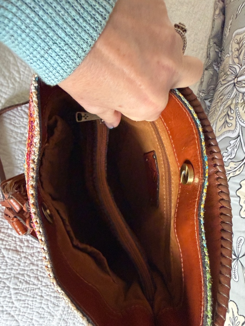 Patricia Nash Leather-Trim Multicolor Crochet Bucket Bag - Brown - Picture 10 of 12